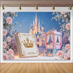 Lofaris Pink Princess Castle Birthday Backdrop with Carriage and Roses Fairytale Photography Background for Girls Party Decor