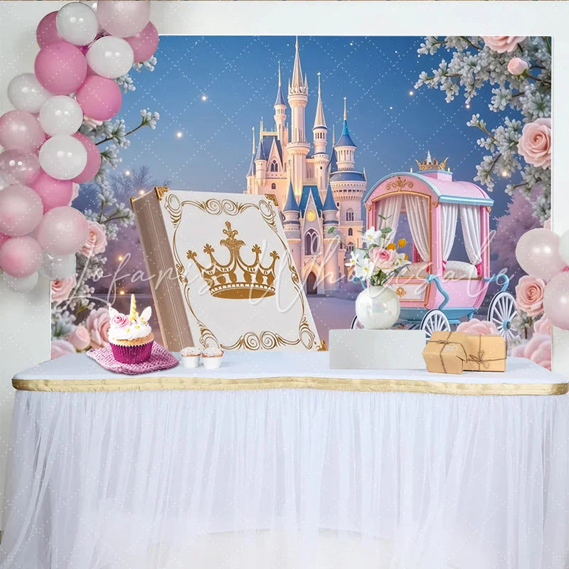 Lofaris Pink Princess Castle Birthday Backdrop with Carriage and Roses Fairytale Photography Background for Girls Party Decor