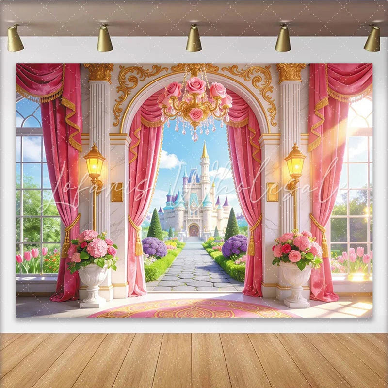 Lofaris Pink Princess Castle Birthday Backdrop with Golden Arch and Rose Chandelier Fairytale Garden Photography Background for Girls Party