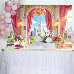 Lofaris Pink Princess Castle Birthday Backdrop with Golden Arch and Rose Chandelier Fairytale Garden Photography Background for Girls Party