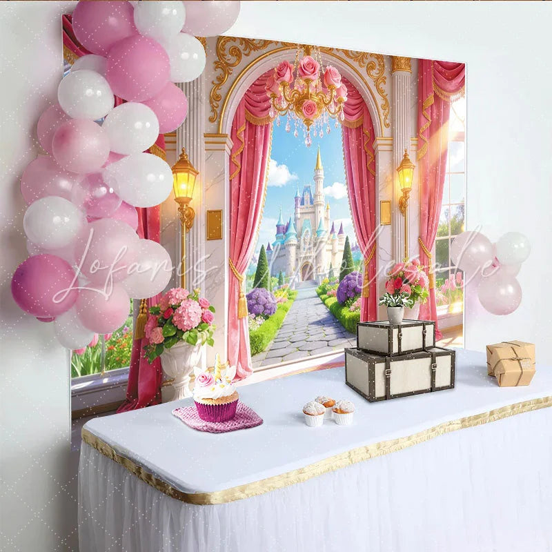 Lofaris Pink Princess Castle Birthday Backdrop with Golden Arch and Rose Chandelier Fairytale Garden Photography Background for Girls Party