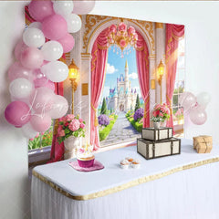 Lofaris Pink Princess Castle Birthday Backdrop with Golden Arch and Rose Chandelier Fairytale Garden Photography Background for Girls Party