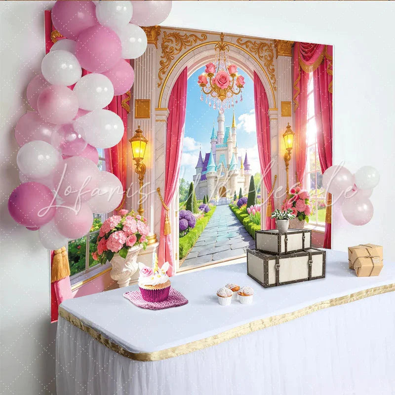 Lofaris Pink Princess Castle Birthday Backdrop with Golden Archway and Rose Chandelier Enchanted Garden Photography for Girls