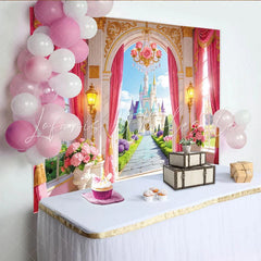 Lofaris Pink Princess Castle Birthday Backdrop with Golden Archway and Rose Chandelier Enchanted Garden Photography for Girls