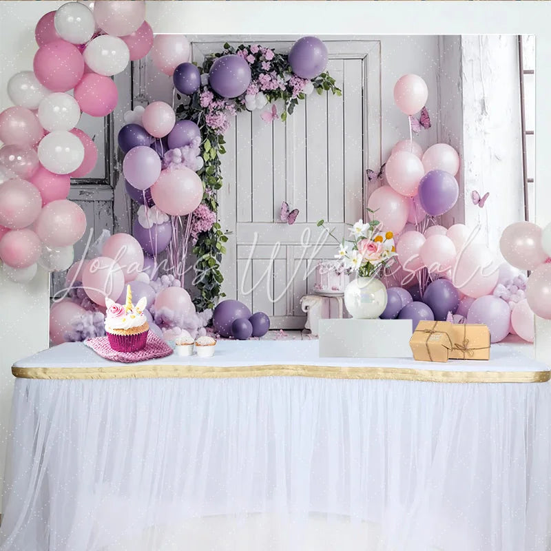 Lofaris Pink Purple Balloon Birthday Backdrop with Floral Arch and Butterflies Elegant Photo Background for Girl Party Decoration