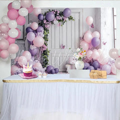 Lofaris Pink Purple Balloon Birthday Backdrop with Floral Arch and Butterflies Elegant Photo Background for Girl Party Decoration