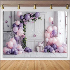 Lofaris Pink Purple Balloon Birthday Backdrop with Floral Arch and Butterflies Elegant Photo Background for Girl Party Decoration