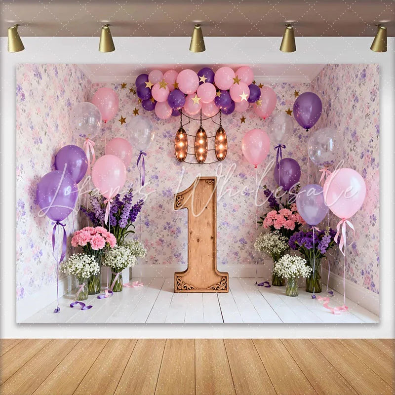 Lofaris Pink Purple Balloon First Birthday Backdrop Floral Wallpaper Wooden Number One Photography Background