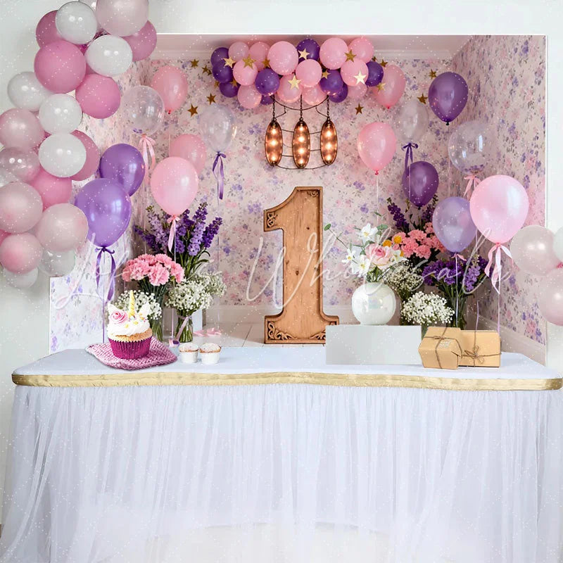 Lofaris Pink Purple Balloon First Birthday Backdrop Floral Wallpaper Wooden Number One Photography Background