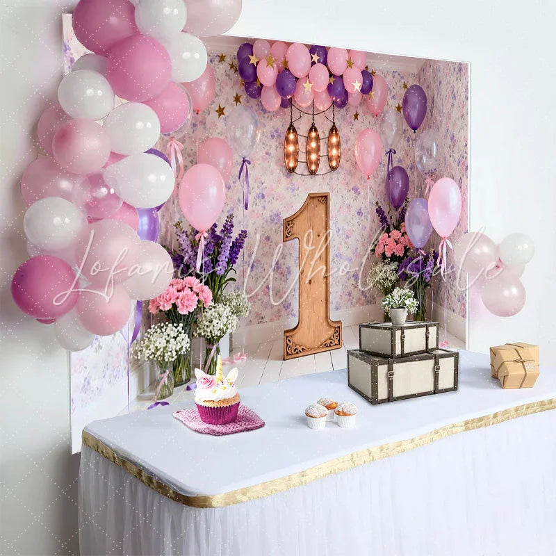 Lofaris Pink Purple Balloon First Birthday Backdrop Floral Wallpaper Wooden Number One Photography Background
