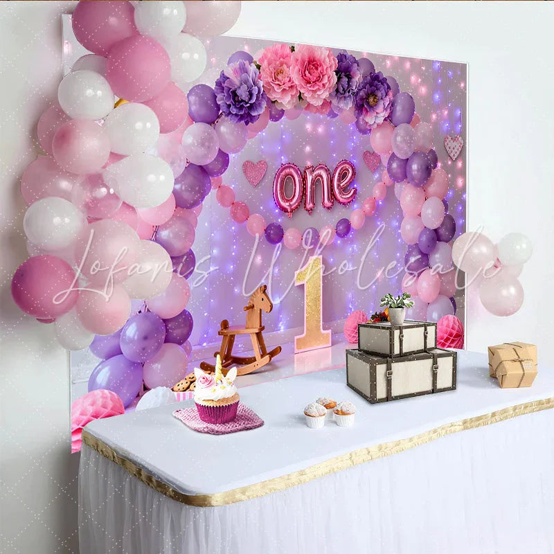 Lofaris Pink Purple Balloon First Birthday Cake Smash Backdrop Floral ONE Foil Letters Girl Party Background