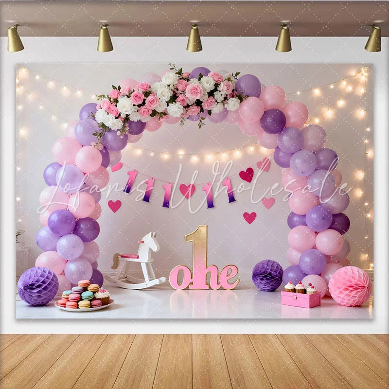 Lofaris Pink Purple Balloon First Birthday Cake Smash Backdrop Floral ONE Sign Fairy Light Girl Party Background