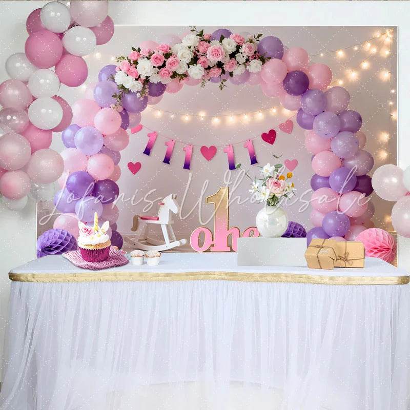 Lofaris Pink Purple Balloon First Birthday Cake Smash Backdrop Floral ONE Sign Fairy Light Girl Party Background