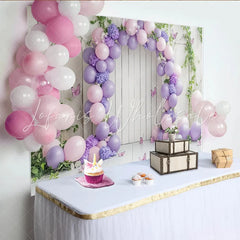 Lofaris Pink Purple Balloon Floral Birthday Backdrop for Girls Whimsical Wooden Wall Background for Party Decor