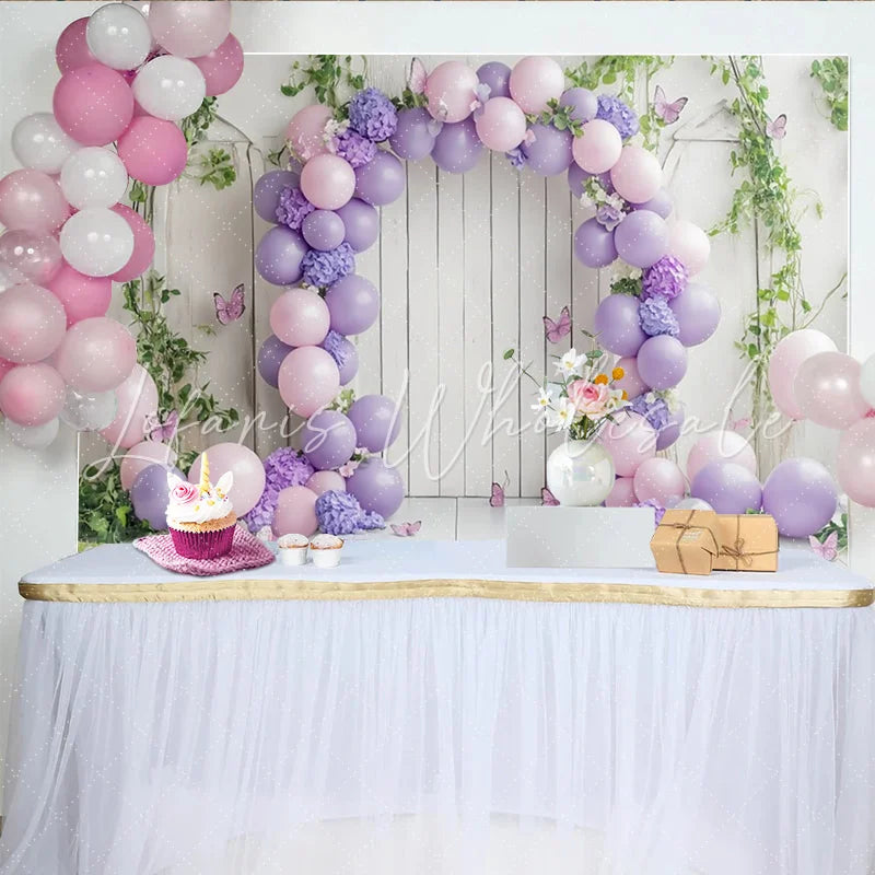 Lofaris Pink Purple Balloon Floral Birthday Backdrop for Girls Whimsical Wooden Wall Background for Party Decor