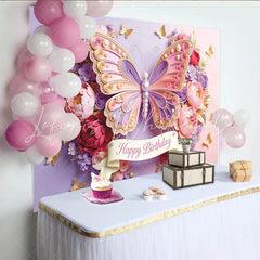 Lofaris Pink Purple Butterfly Floral Birthday Backdrop with Pearls and Gold Elegant Party Background for Girls Celebration