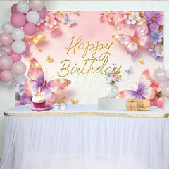 Lofaris Pink Purple Butterfly Floral Happy Birthday Backdrop with Glitter Elegant Party Background for Girls Photoshoots and Decor