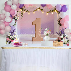 Lofaris Pink Purple Floral Balloon Arch Backdrop First Birthday Wooden Number One Photography Background for Girl