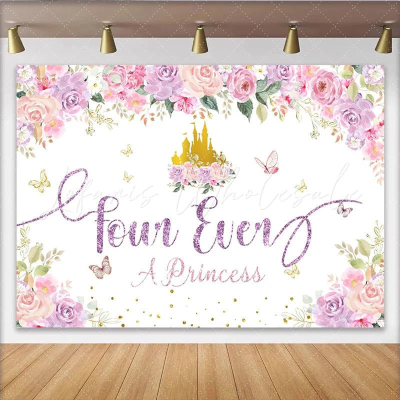 Lofaris Pink Purple Floral Princess 4th Birthday Backdrop with Golden Castle Glittery four Ever A Princess Background for Girls Party Decor