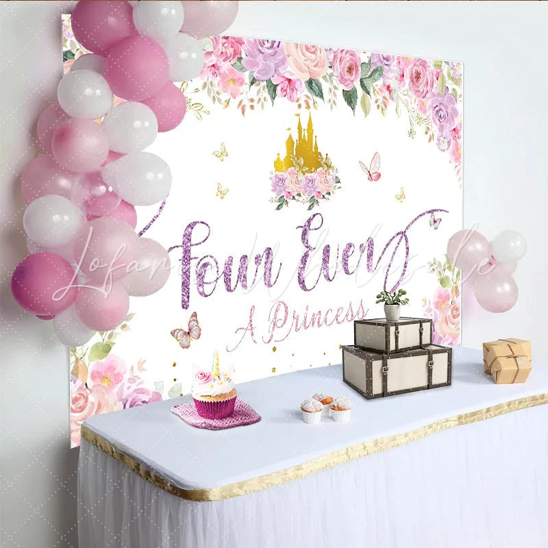Lofaris Pink Purple Floral Princess 4th Birthday Backdrop with Golden Castle Glittery four Ever A Princess Background for Girls Party Decor