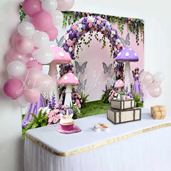 Lofaris Pink Purple Mushroom and Fairy Spring Backdrop Floral Arch Girls Birthday Party Background