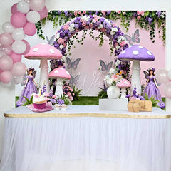 Lofaris Pink Purple Mushroom and Fairy Spring Backdrop Floral Arch Girls Birthday Party Background