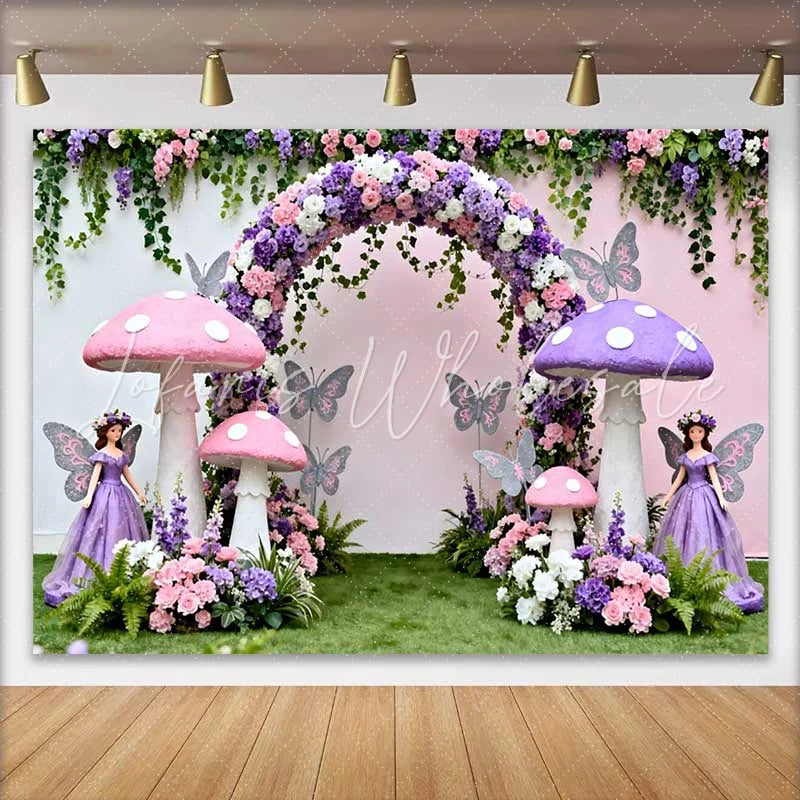 Lofaris Pink Purple Mushroom and Fairy Spring Backdrop Floral Arch Girls Birthday Party Background