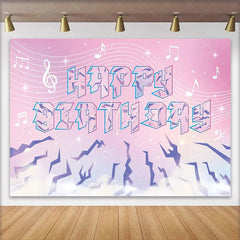 Lofaris Pink Purple Musical Happy Birthday Backdrop with Crystal Text and Notes Dreamy Photo Background for Girls Birthday Party Decoration