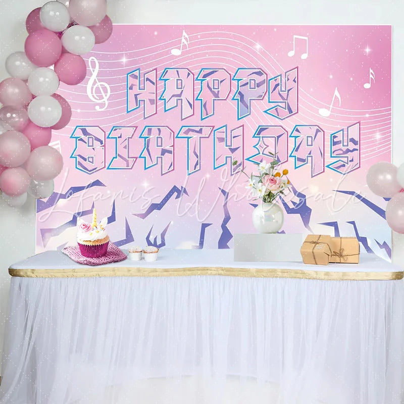 Lofaris Pink Purple Musical Happy Birthday Backdrop with Crystal Text and Notes Dreamy Photo Background for Girls Birthday Party Decoration