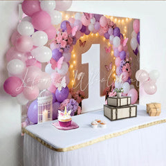 Lofaris Pink Purple White Balloons and Butterfly Floral Number One Party Backdrop First Birthday Celebration Decor