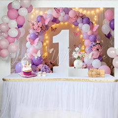 Lofaris Pink Purple White Balloons and Butterfly Floral Number One Party Backdrop First Birthday Celebration Decor