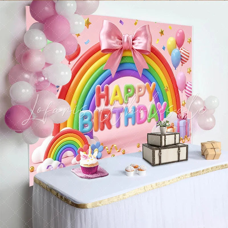 Lofaris Pink Rainbow Birthday Backdrop with Balloons and Stars Vibrant Festive Party Background for Celebration Photography