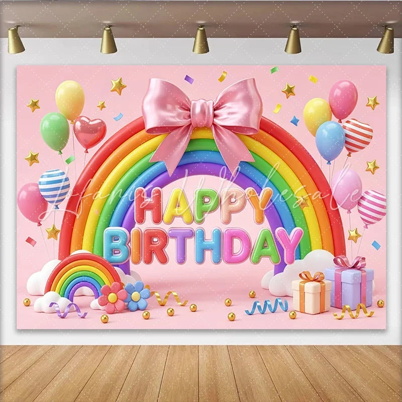 Lofaris Pink Rainbow Birthday Backdrop with Balloons and Stars Vibrant Festive Party Background for Celebration Photography
