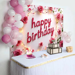 Lofaris Pink Rose and String Lights Happy Birthday Backdrop Elegant Floral Womens Party Photography Background