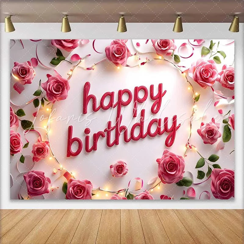 Lofaris Pink Rose and String Lights Happy Birthday Backdrop Elegant Floral Womens Party Photography Background
