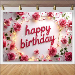 Lofaris Pink Rose and String Lights Happy Birthday Backdrop Elegant Floral Womens Party Photography Background
