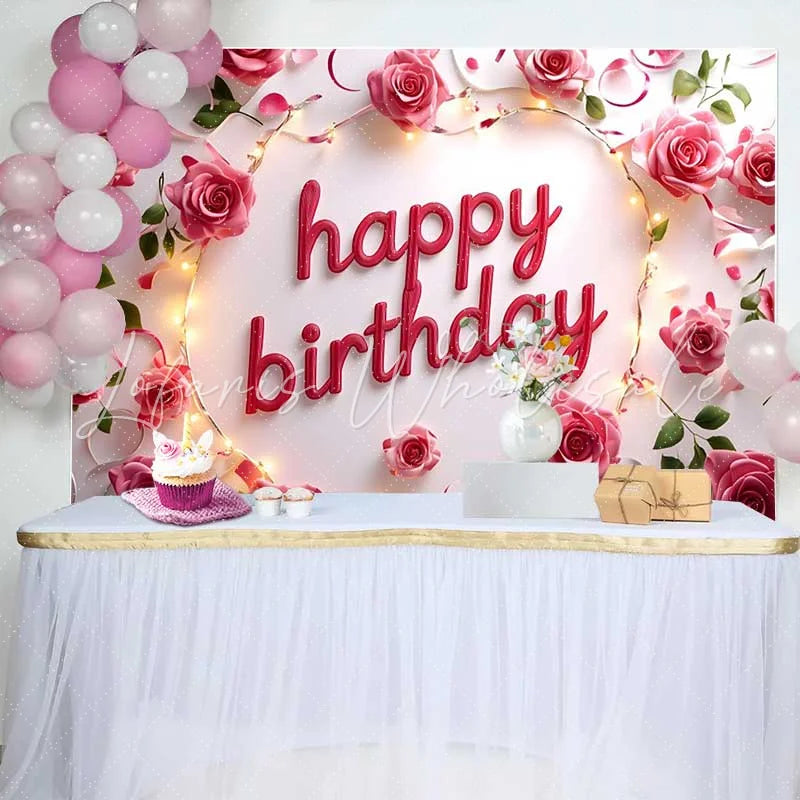 Lofaris Pink Rose and String Lights Happy Birthday Backdrop Elegant Floral Womens Party Photography Background