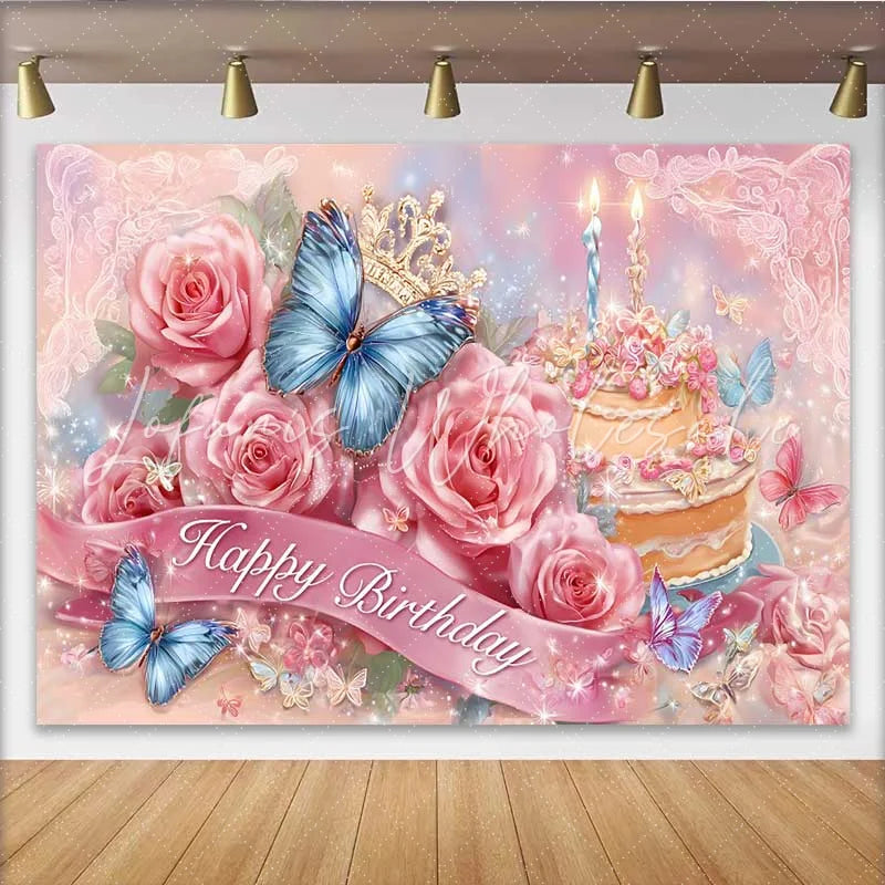 Lofaris Pink Rose Birthday Backdrop Blue Butterfly Cake Background Floral Princess Party Decoration Prop