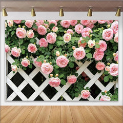 Lofaris Pink Rose Floral Photography Backdrop with White Lattice Elegant Garden Background for Studio Photoshoot and Party Decor