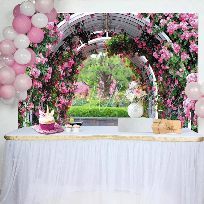 Lofaris Pink Rose Garden Arch Floral Photography Backdrop Natural Scenery Studio Background for Event Decor