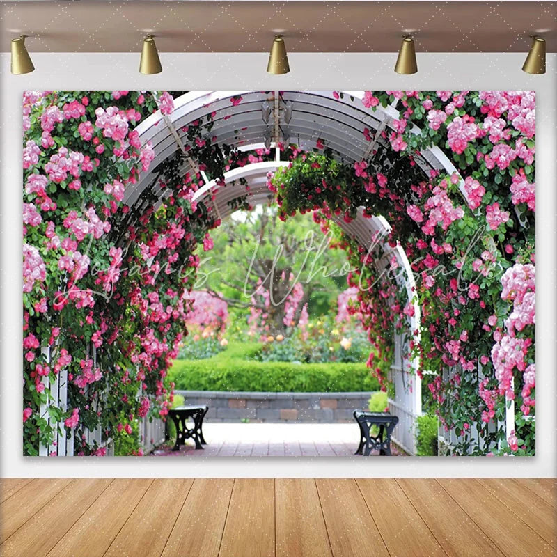 Lofaris Pink Rose Garden Arch Floral Photography Backdrop Natural Scenery Studio Background for Event Decor