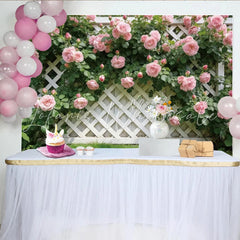 Lofaris Pink Rose Garden Photography Backdrop with White Lattice Beautiful Floral Background for Spring Photoshoot Decor