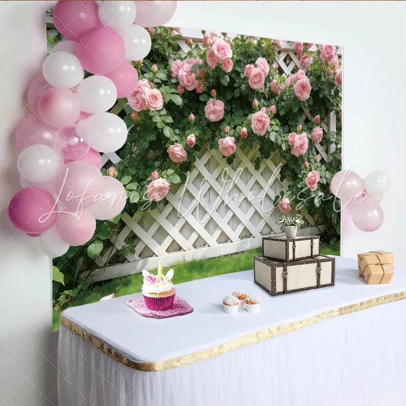 Lofaris Pink Rose Garden Photography Backdrop with White Lattice Beautiful Floral Background for Spring Photoshoot Decor