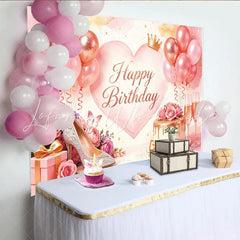 Lofaris Pink Rose Gold Birthday Backdrop with Balloons Cake and Crown Elegant Party Decor for Women and Girls Photoshoot