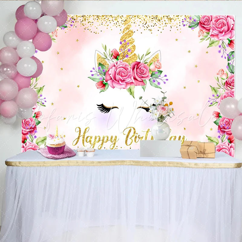Lofaris Pink Rose Unicorn Birthday Backdrop Floral Gold Glitter Horn and Eyelashes Party Background for Kids