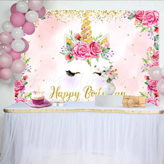 Lofaris Pink Rose Unicorn Birthday Backdrop Floral Gold Glitter Horn and Eyelashes Party Background for Kids