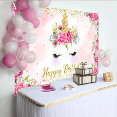 Lofaris Pink Rose Unicorn Birthday Backdrop Floral Gold Glitter Horn and Eyelashes Party Background for Kids