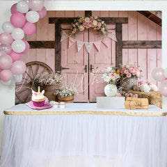 Lofaris Pink Rustic Floral Photography Backdrop with Barn Door and Wagon Wheel Elegant Studio Background for Portrait Photoshoot