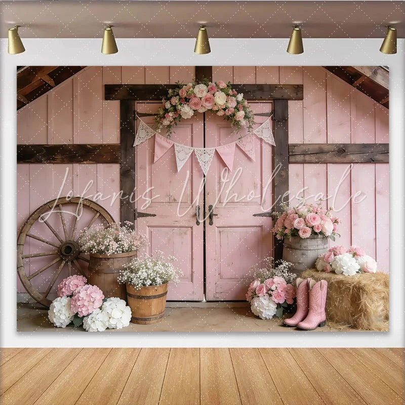 Lofaris Pink Rustic Floral Photography Backdrop with Barn Door and Wagon Wheel Elegant Studio Background for Portrait Photoshoot