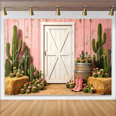 Lofaris Pink Rustic Western Photography Backdrop with Cacti and White Barn Door Desert Themed Studio Background for Photoshoot